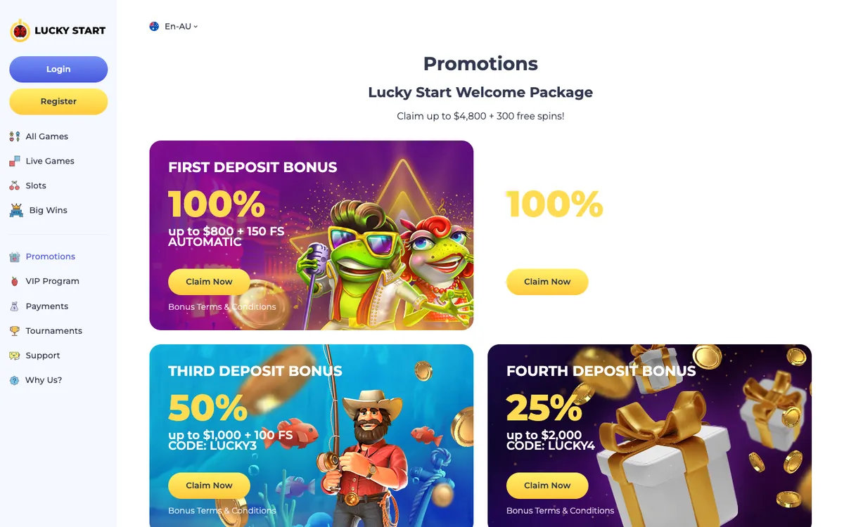 Luckystart Casino — «Акции», снято из страны Австралия