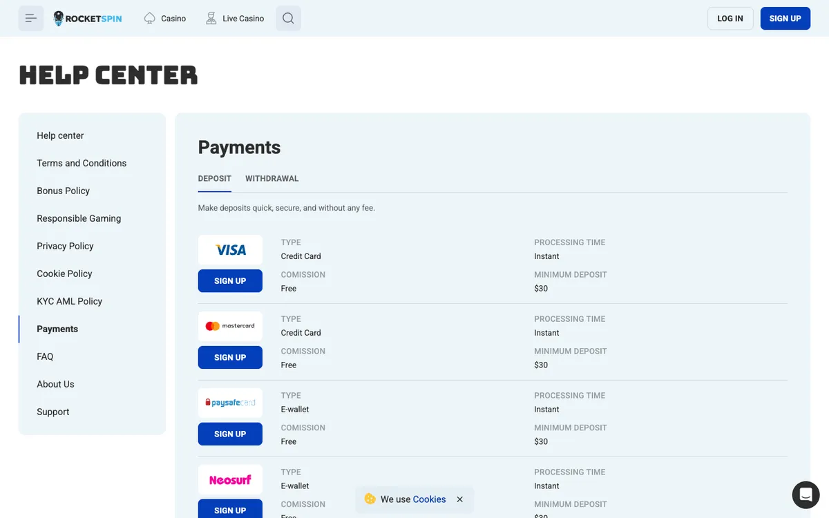 Rocket Spin Casino — Payments, captured from New Zealand