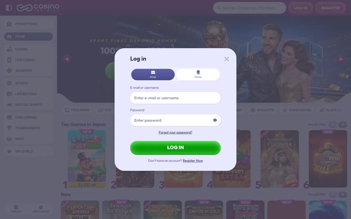 Casino Infinity — Sign-up, captured from Japan