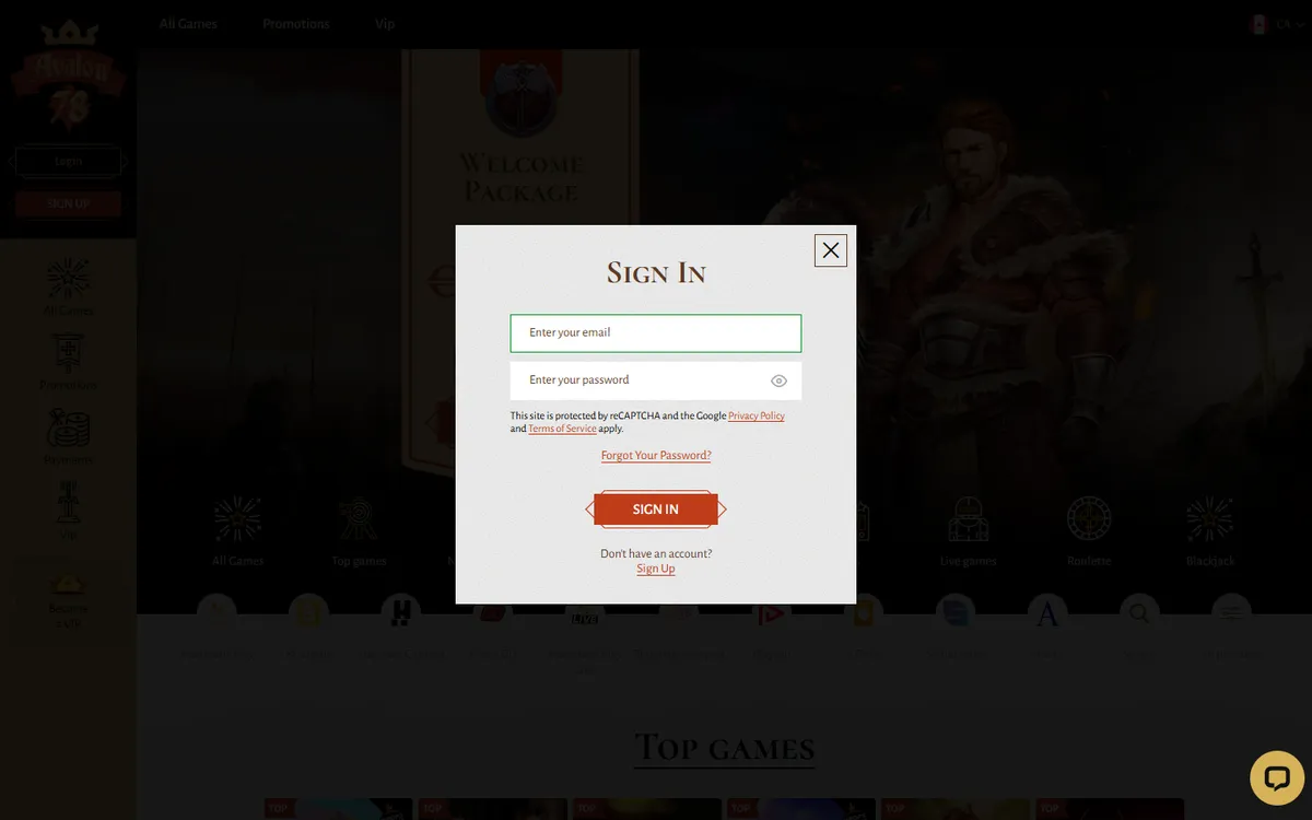Avalon78 Casino — Sign-up, captured from Canada