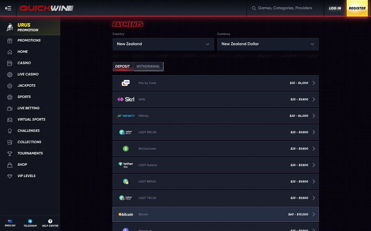 QuickWin Casino — Payments, captured from New Zealand