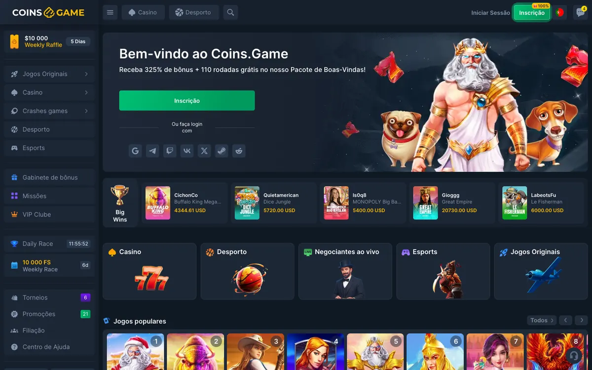 Coins Game Casino — Home page, captured from Brazil