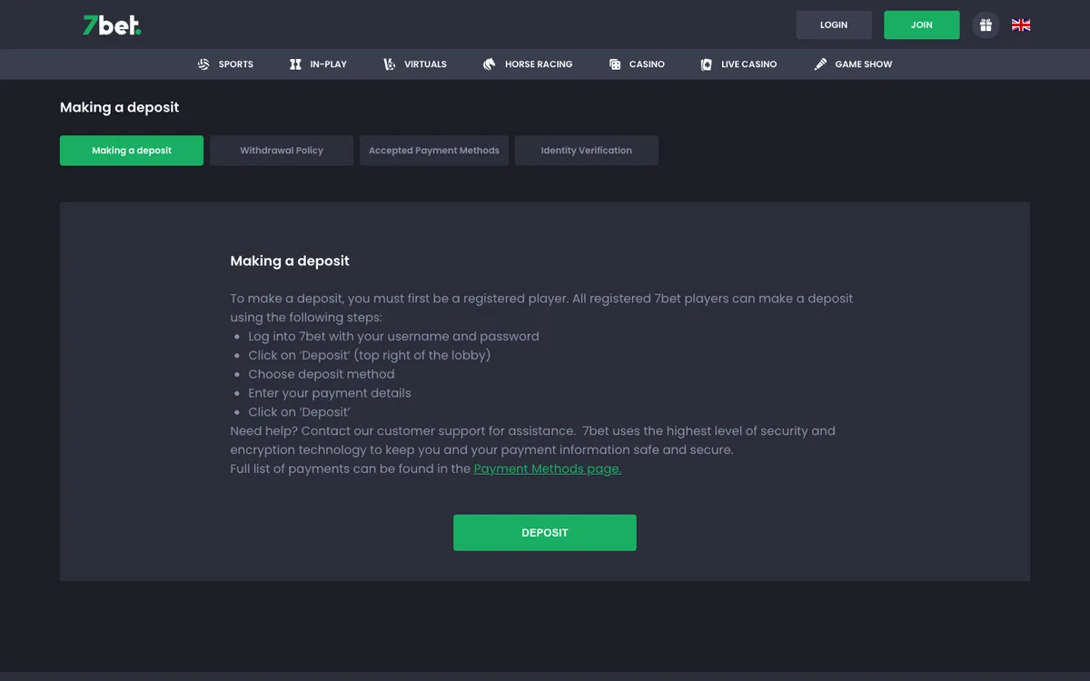 7bet Casino — Payments, captured from United Kingdom