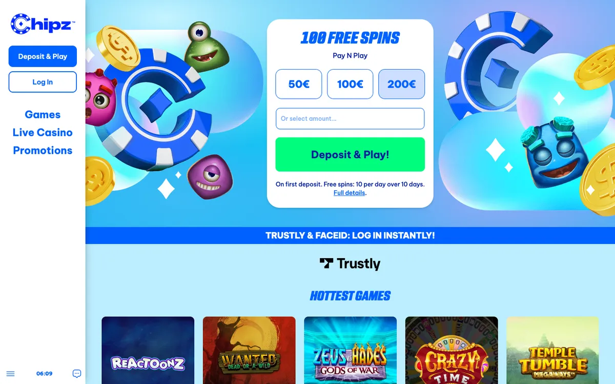 Chipz Casino — Home page, captured from Austria