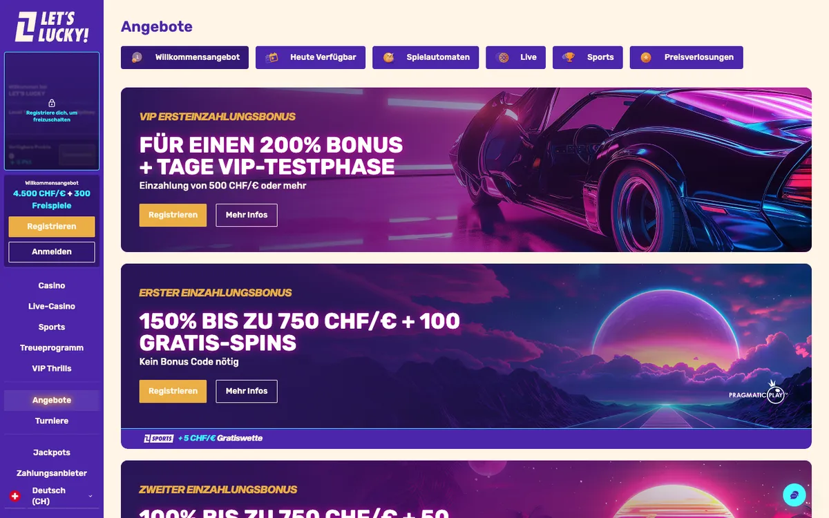 LetsLucky Casino — Promotions, captured from Switzerland