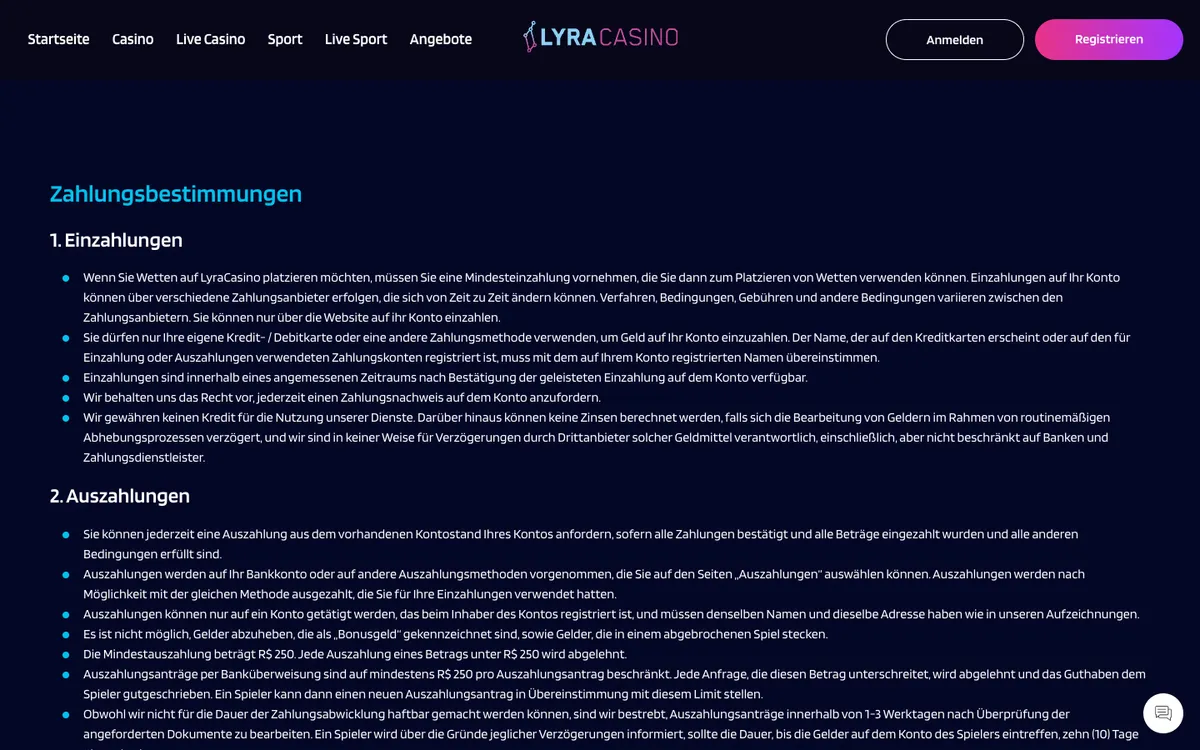 LyraCasino — Payments, captured from Austria