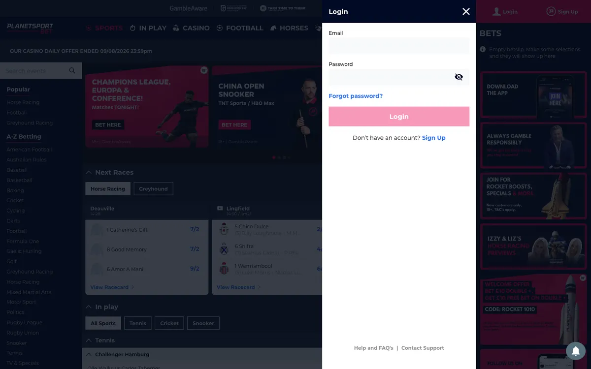 PlanetSportbet Casino — Sign-up, captured from United Kingdom
