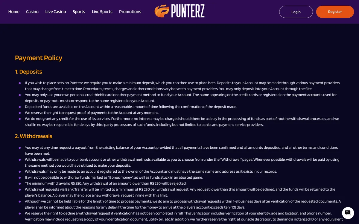 Punterz Casino — Payments, captured from Belgium
