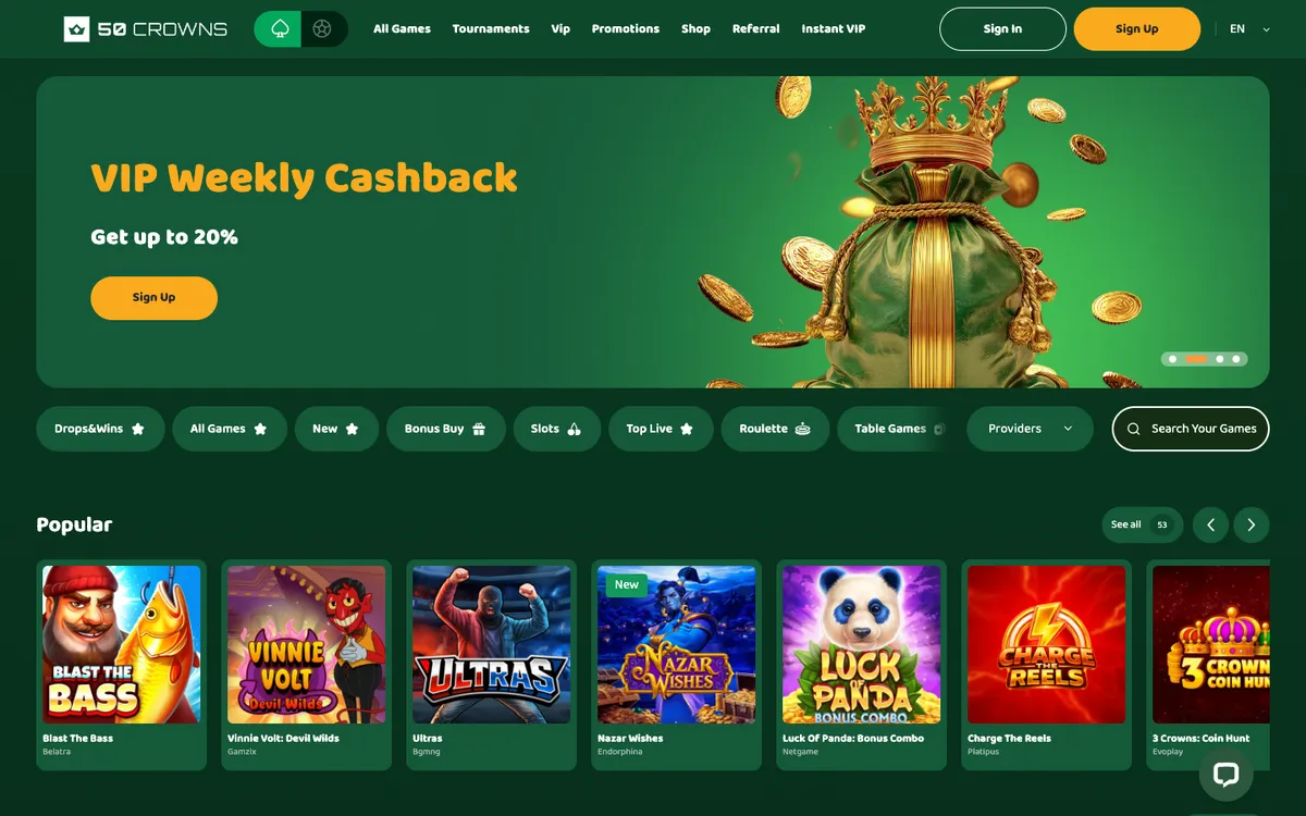 50 Crowns Casino — Home page, captured from Belgium