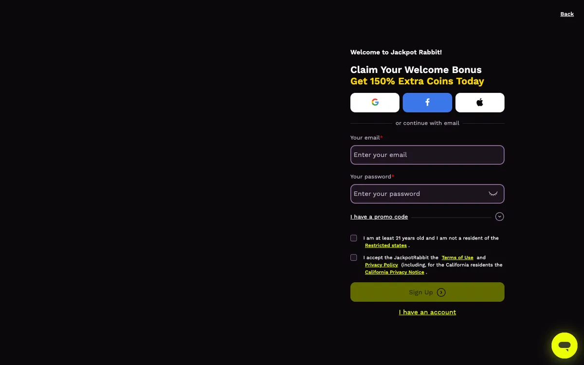 JackpotRabbit Casino — Sign-up, captured from United States
