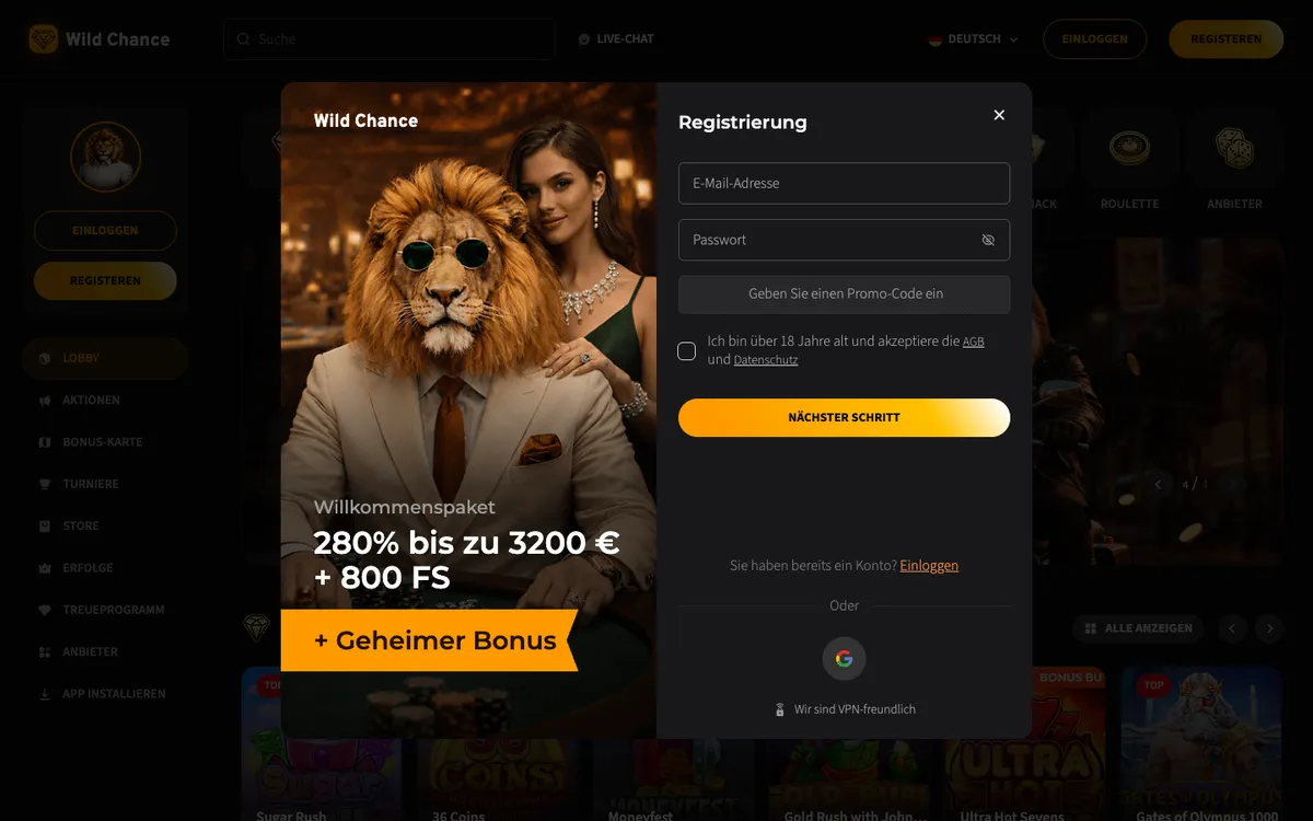 Wild Chance Casino — Sign-up, captured from Austria