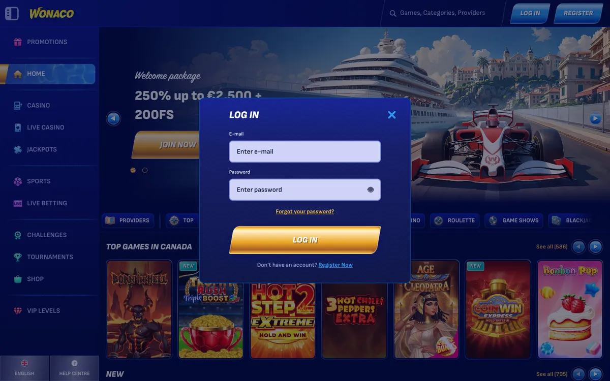Wonaco Casino — «Регистрация», снято из страны Канада