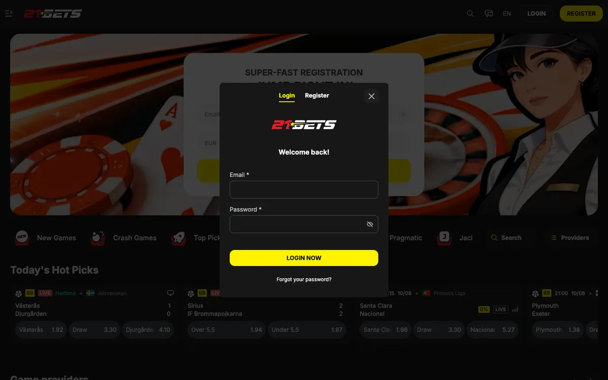 21 Bets Casino — «Регистрация», снято из страны Финляндия