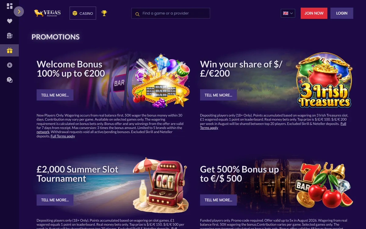 Vegas Paradise Casino — Promotions, captured from Spain
