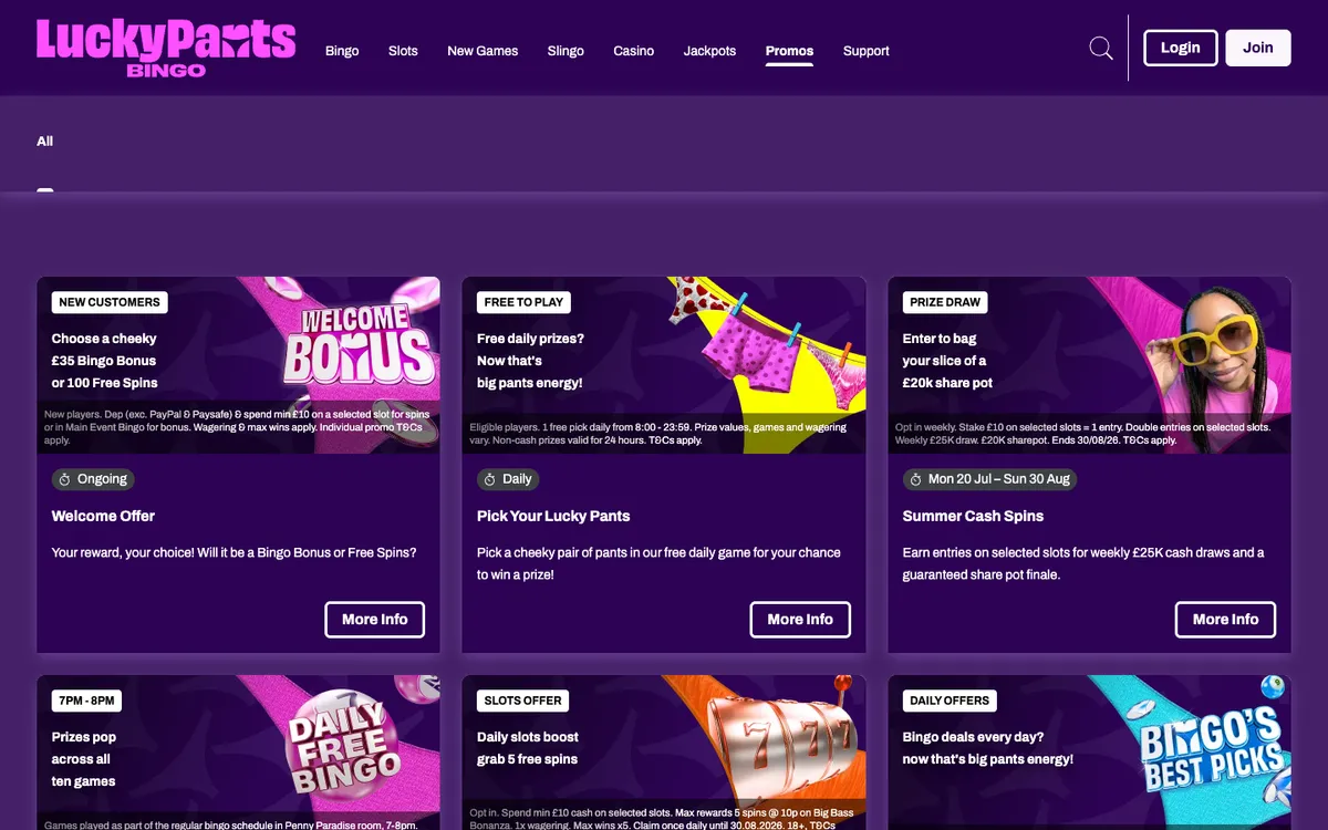 Lucky Pants Bingo Casino — Promotions, captured from United Kingdom