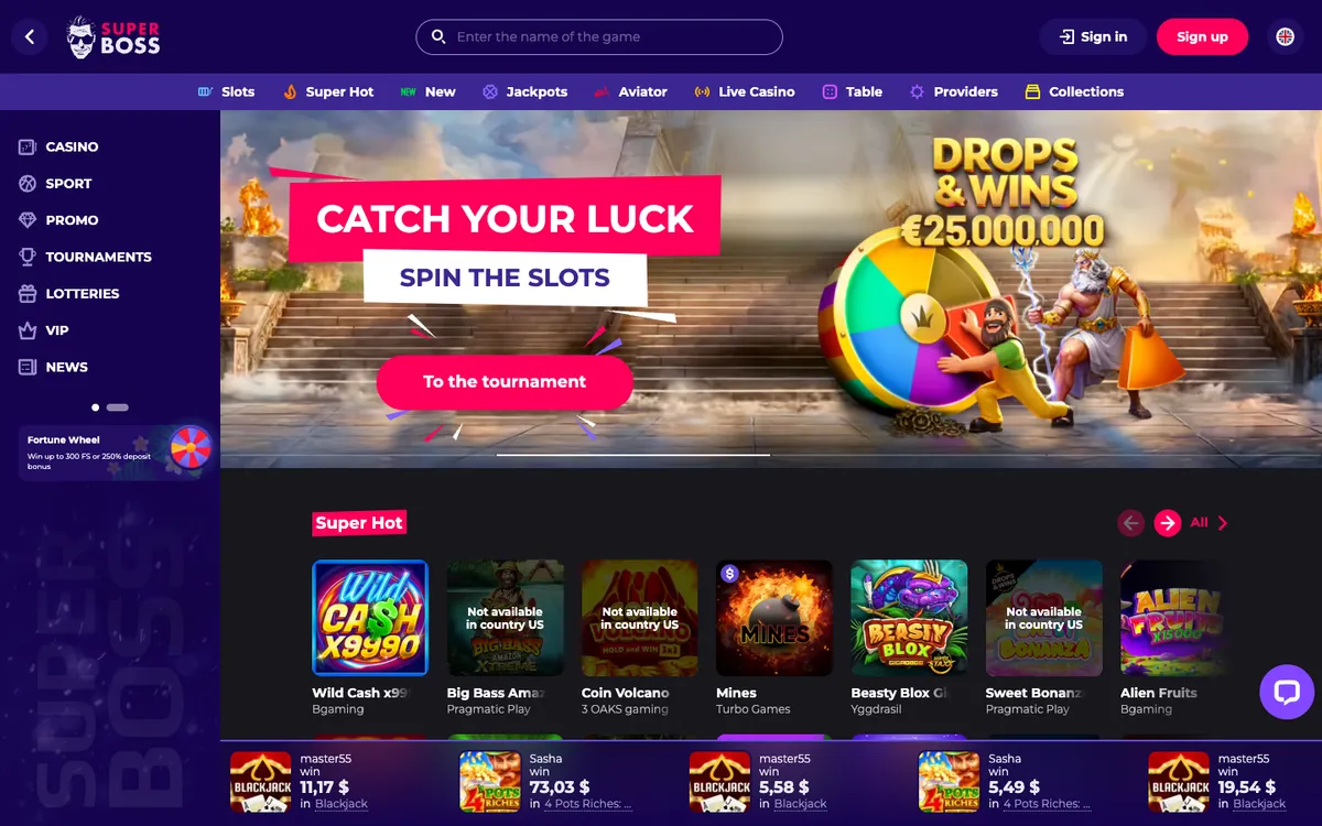 SuperBoss Casino — Home page, captured from France