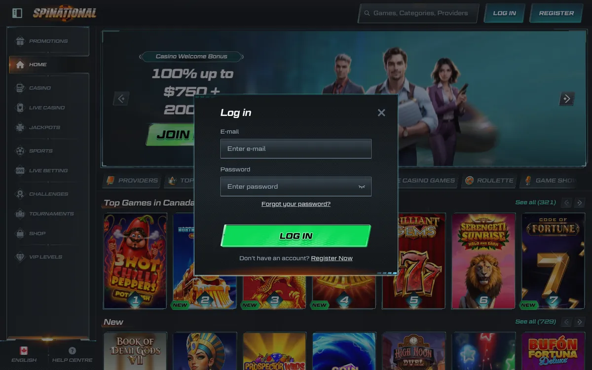 Spinational Casino — Sign-up, captured from Canada