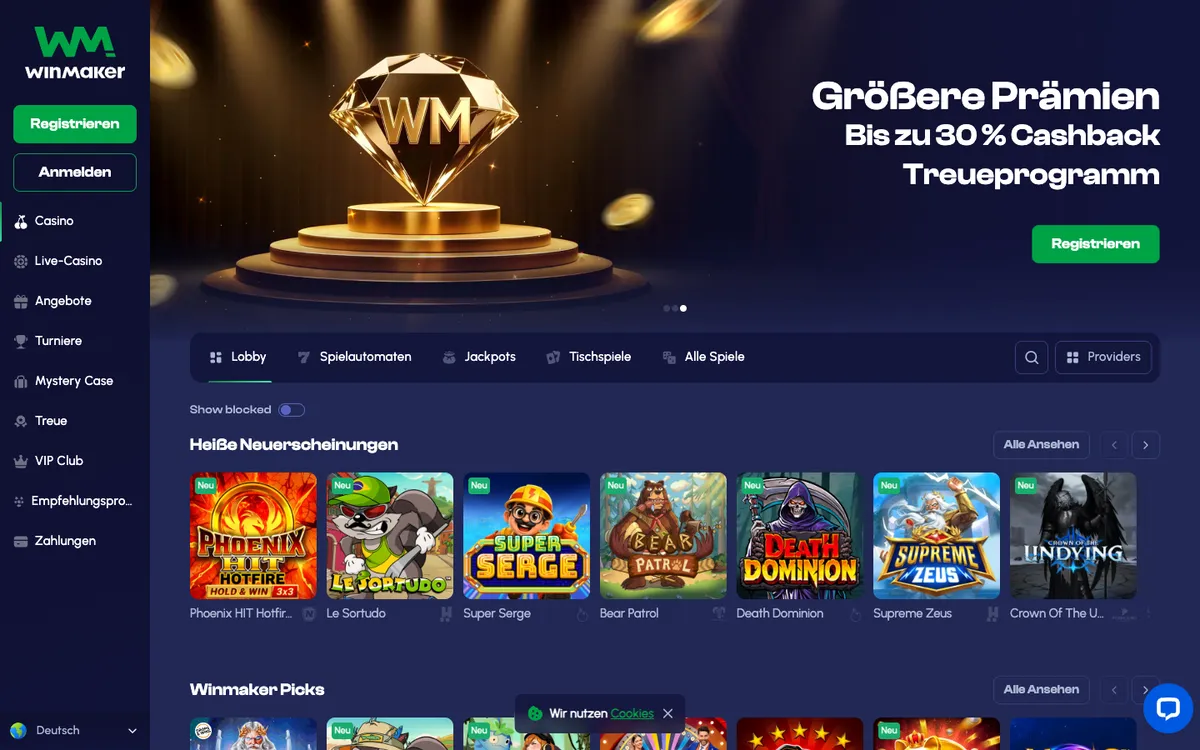 Winmaker Casino — Home page, captured from Germany