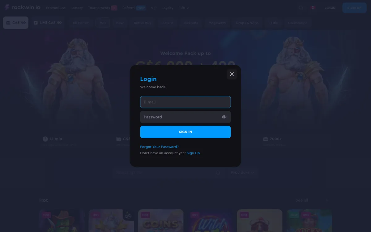 Rockwin Casino — «Регистрация», снято из страны Канада