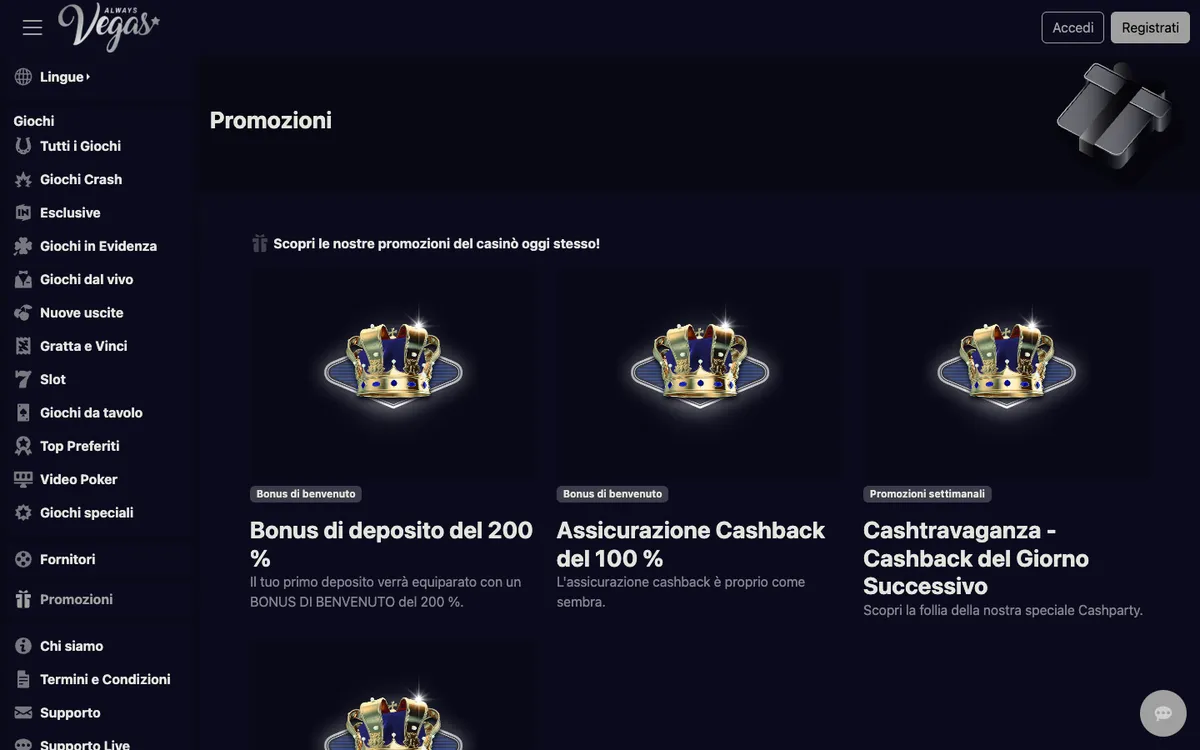 Always Vegas Casino — Promotions, captured from Italy