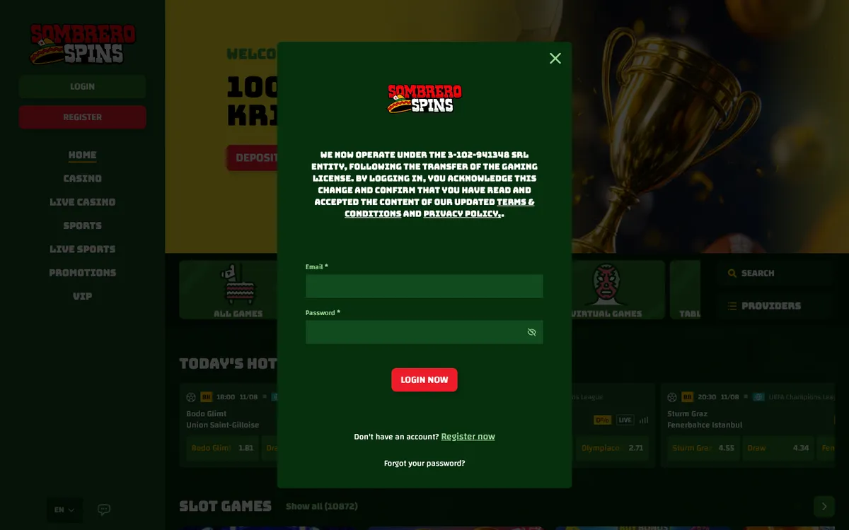 Sombrero Spins Casino — «Регистрация», снято из страны Норвегия