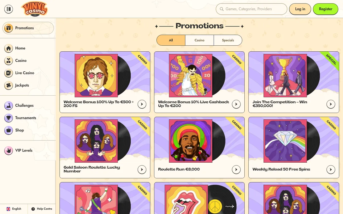 Vinyl Casino — Promotions, captured from South Africa