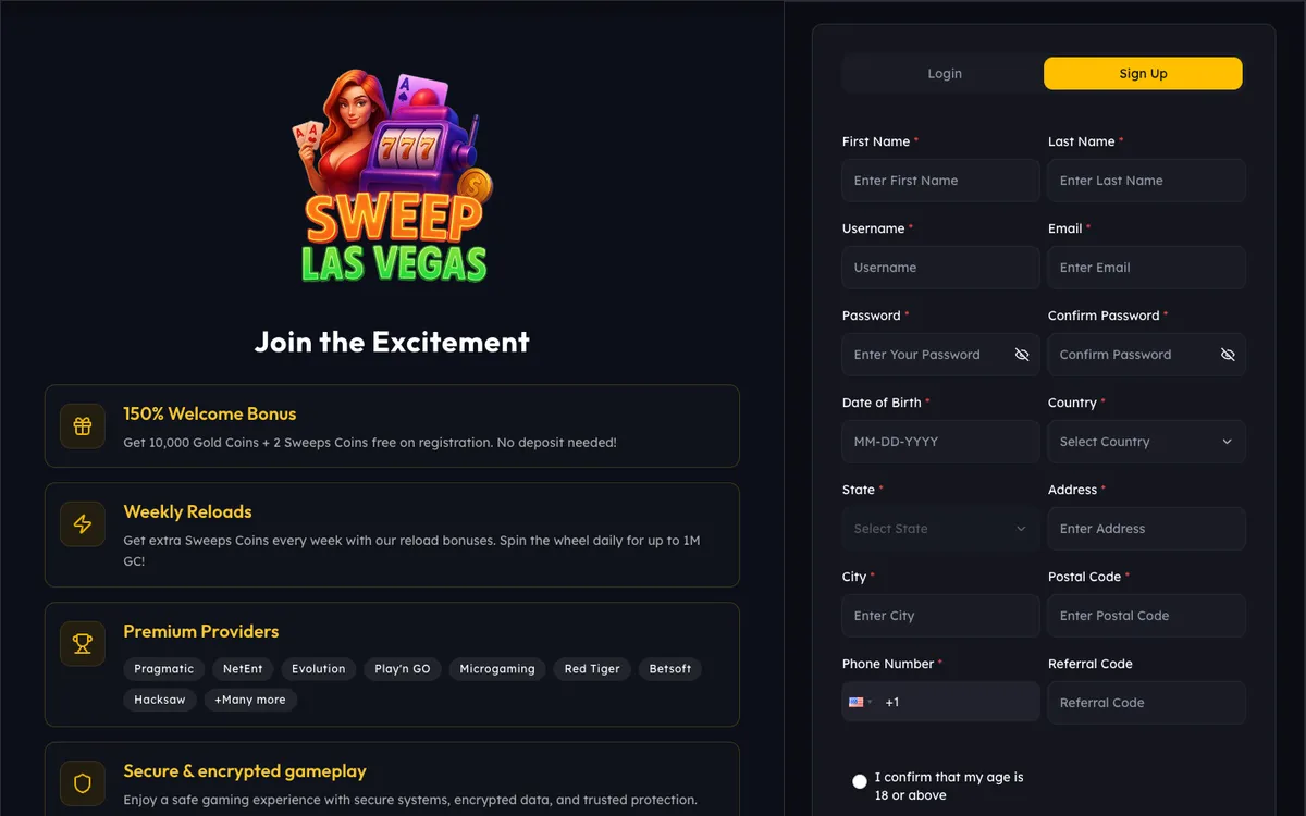 Sweep Las Vegas Casino — Sign-up, captured from United States