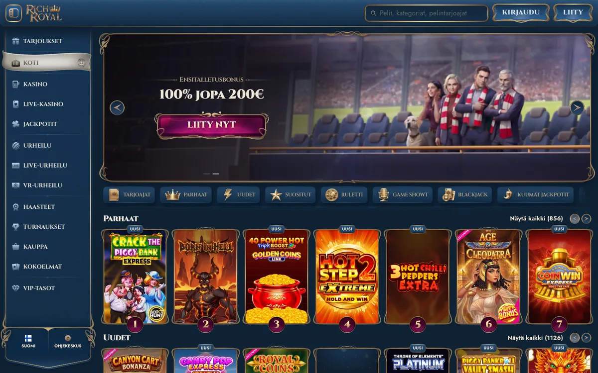 Rich Royal Casino — Home page, captured from Finland