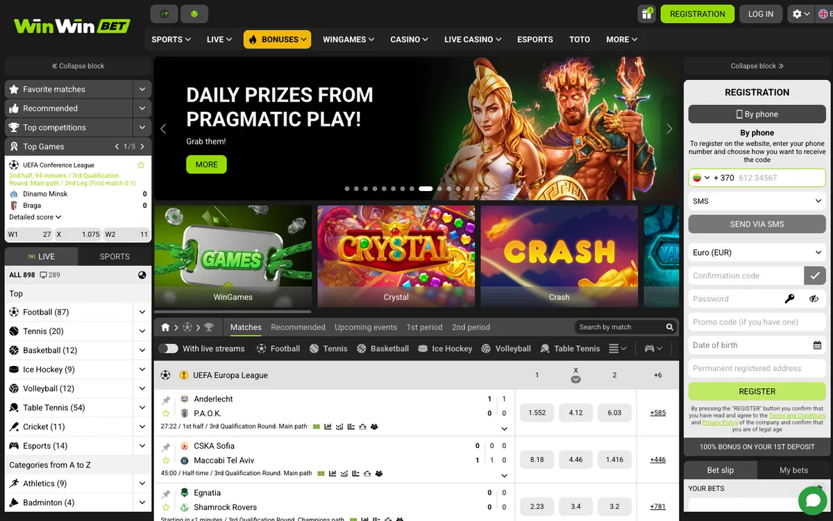 WinWinBet Casino — Home page, captured from Lithuania