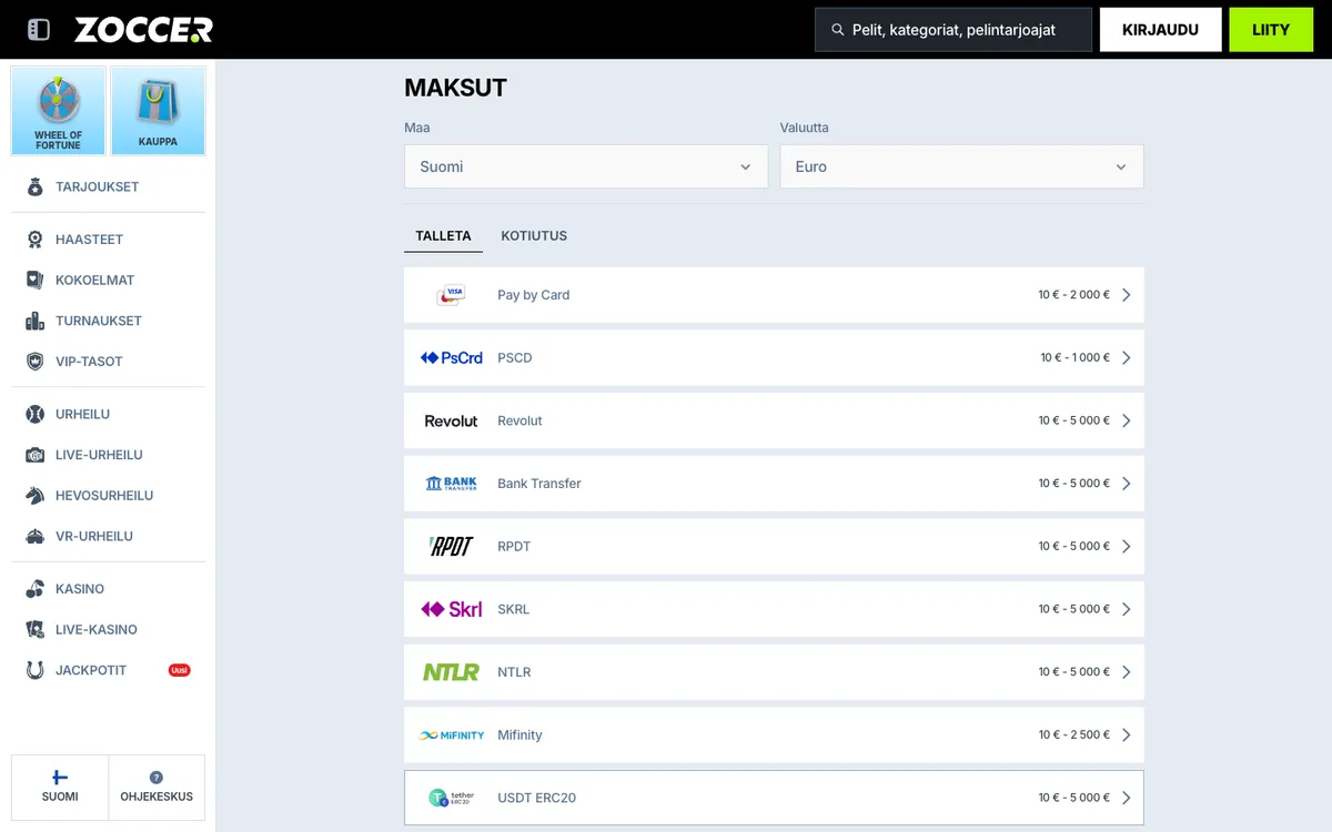 Zoccer Casino — Payments, captured from Finland