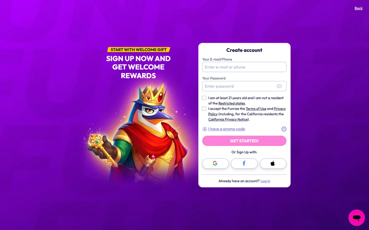 Funrize Casino — Sign-up, captured from United States