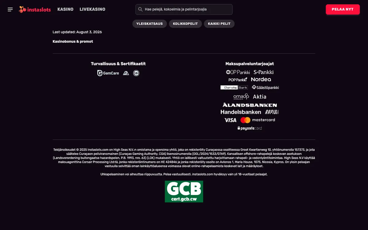 Instaslots Casino — «Акции», снято из страны Финляндия