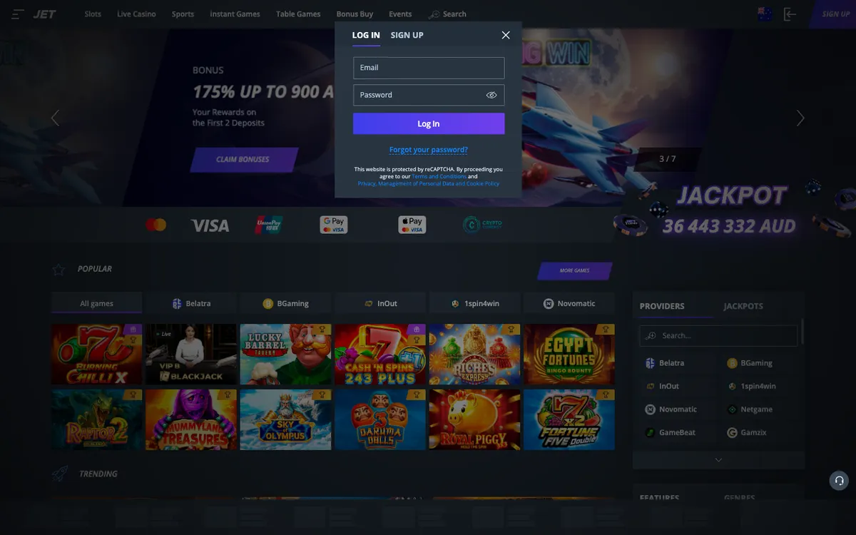 Jet Casino — «Регистрация», снято из страны Австралия