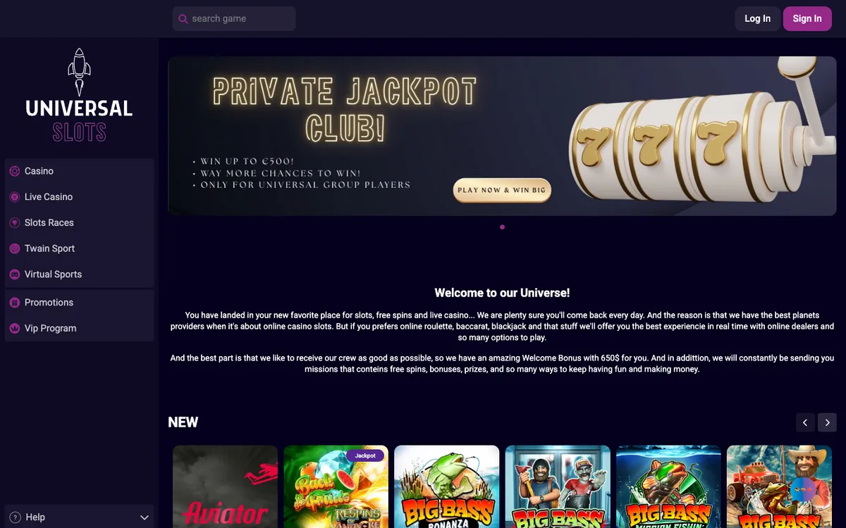 Universal Slots Casino — Home page, captured from Austria