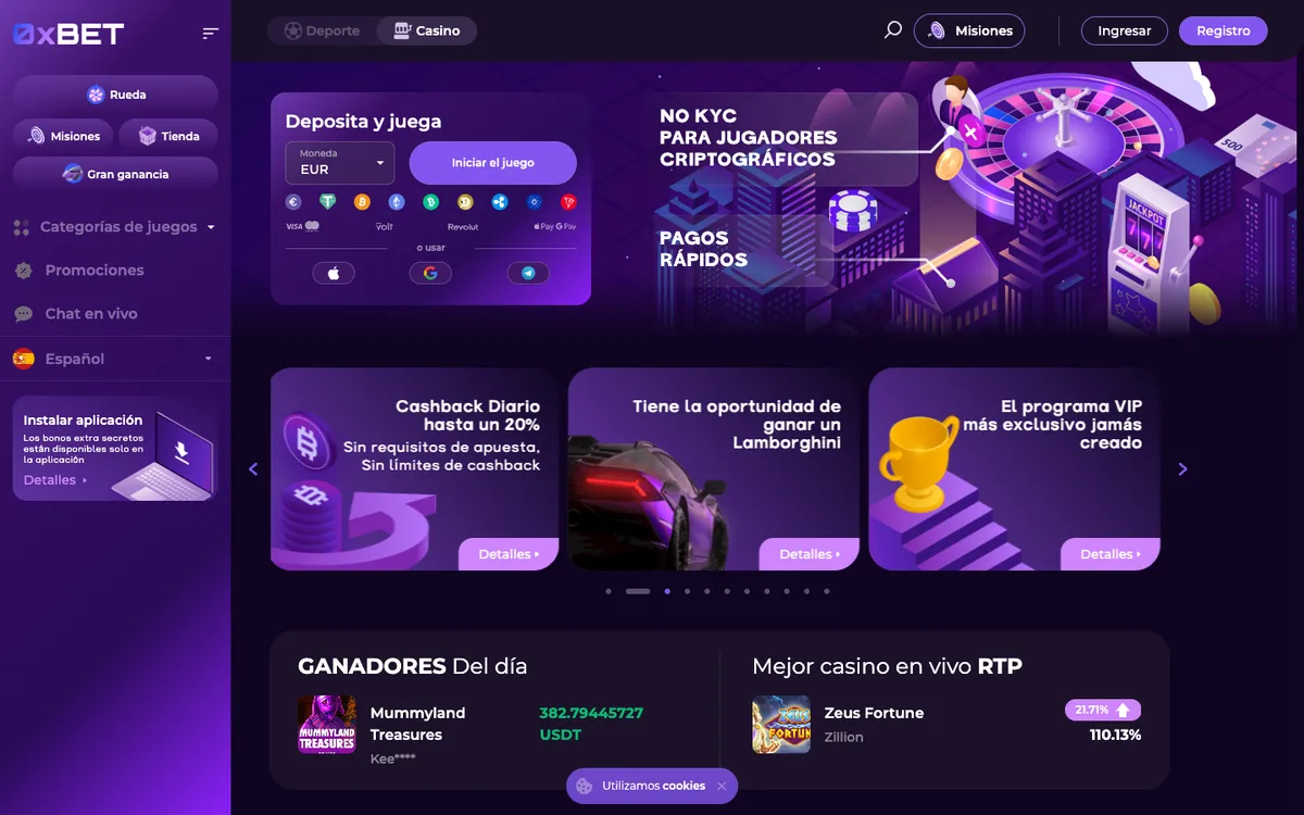 0x.bet Casino — Home page, captured from Spain