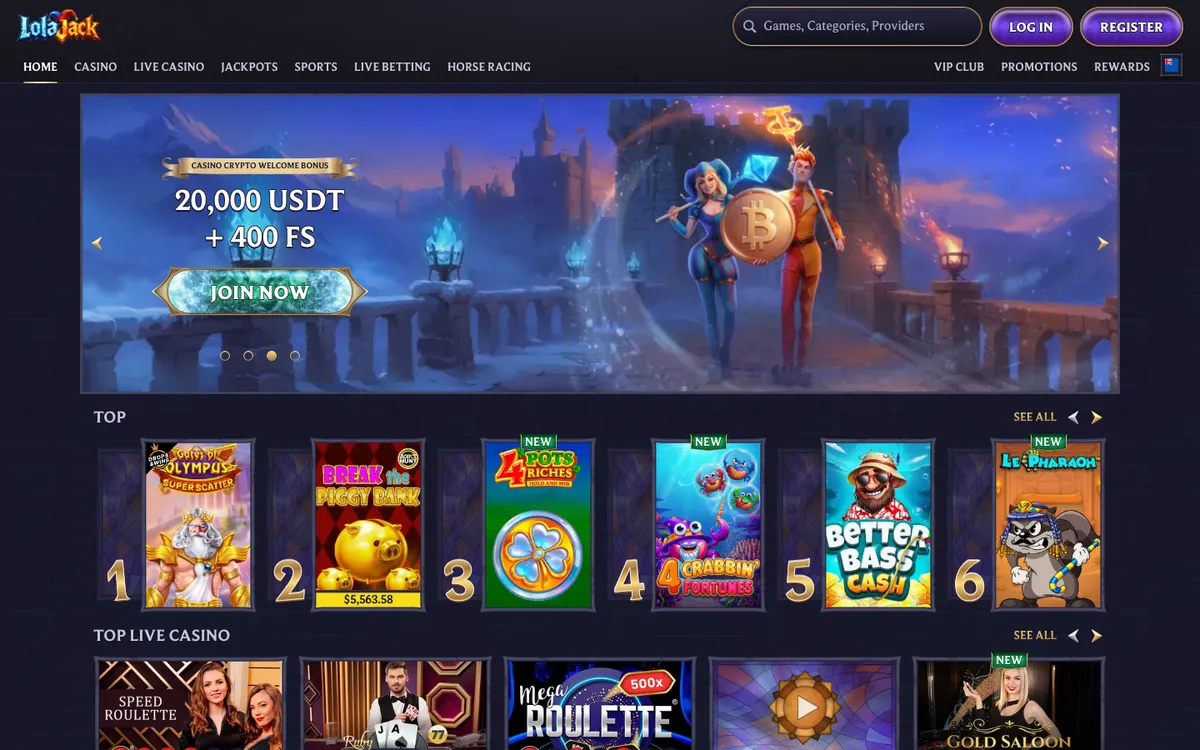 LolaJack Casino — Home page, captured from New Zealand