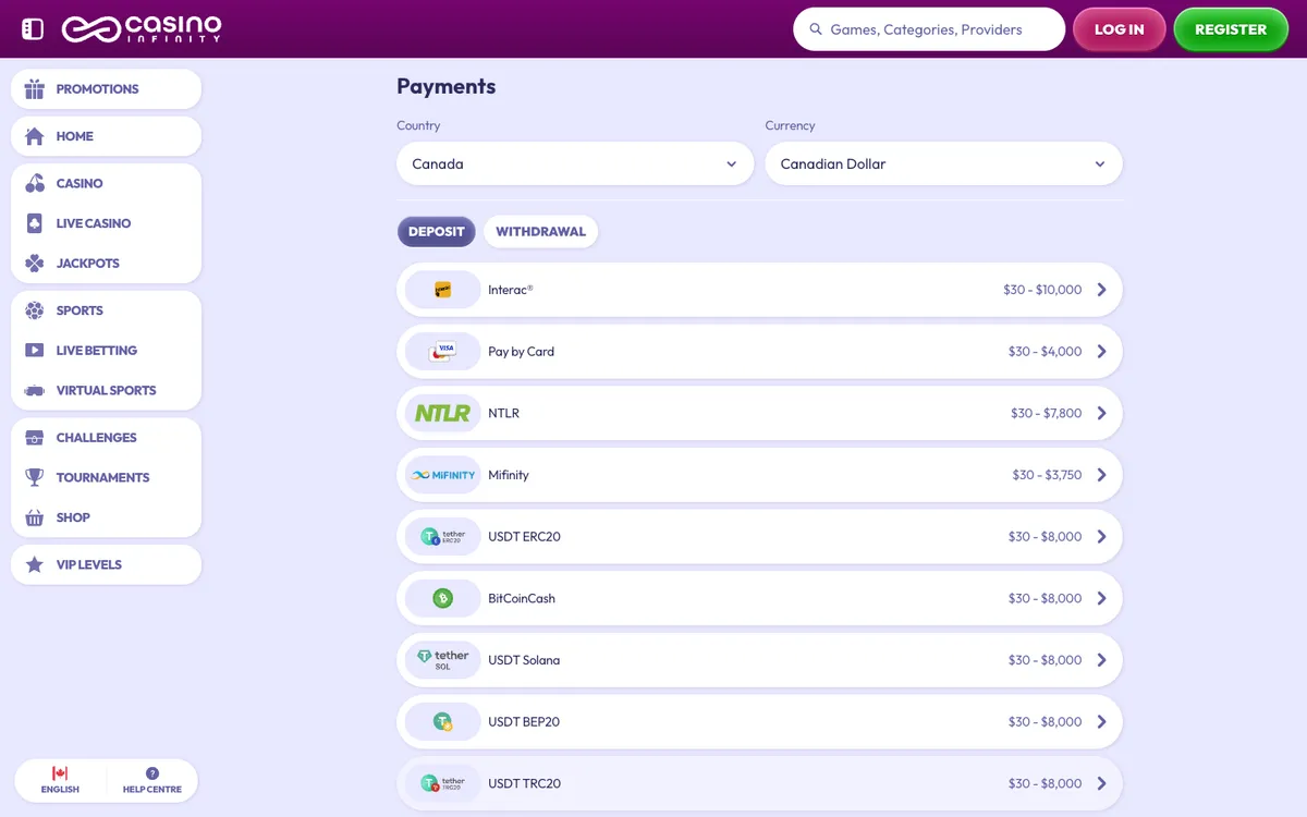 Casino Infinity — Payments, captured from Canada