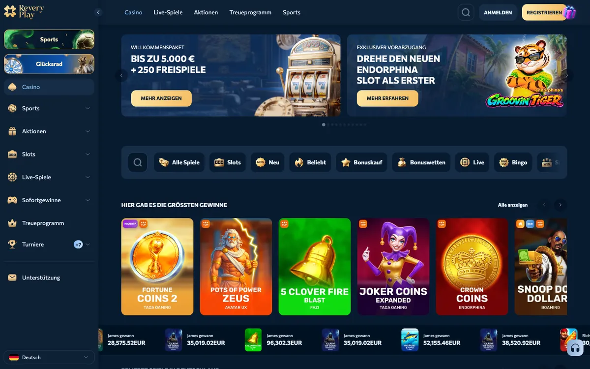 Revery Play Casino — Home page, captured from Austria