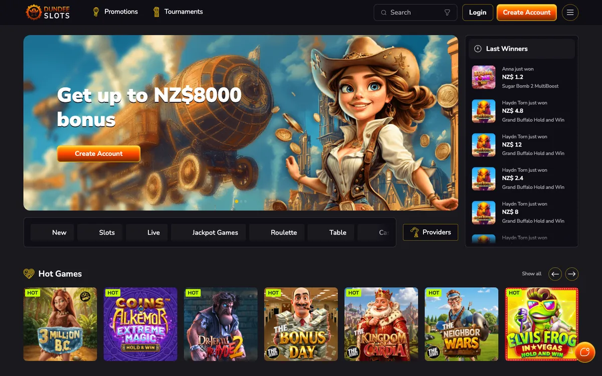 DundeeSlots Casino — «Главная», снято из страны Новая Зеландия