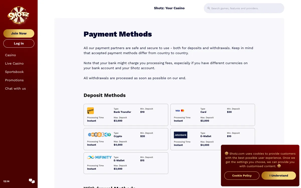 Shotz Casino — Payments, captured from Canada