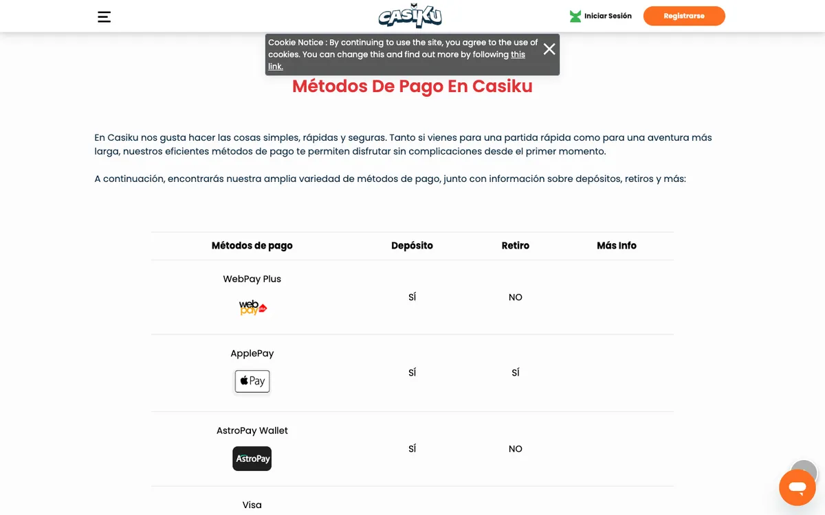 Casiku Casino — Payments, captured from Chile