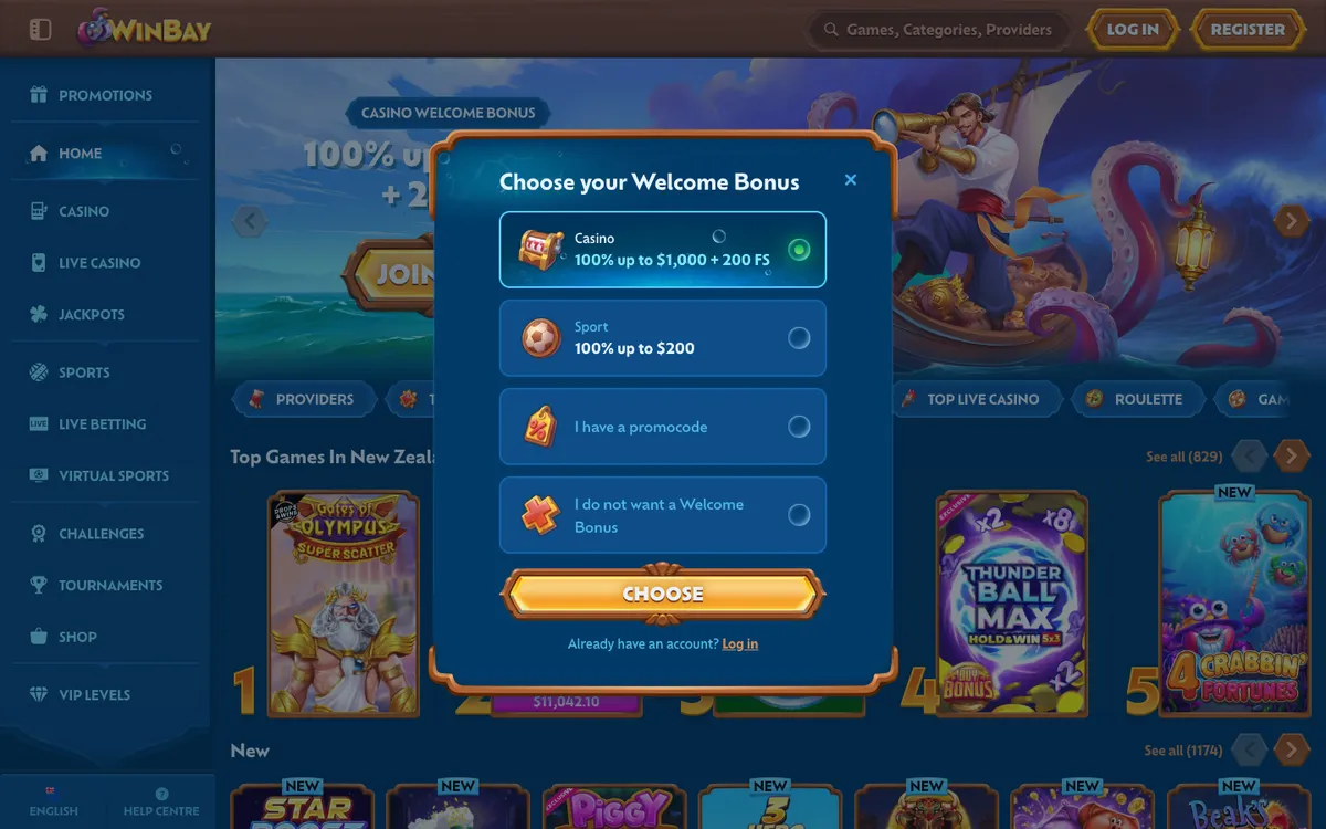 Winbay Casino — «Регистрация», снято из страны Новая Зеландия