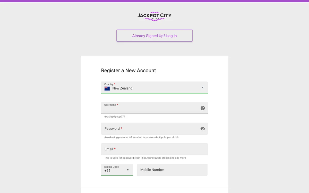 Jackpot City Casino — Sign-up, captured from New Zealand