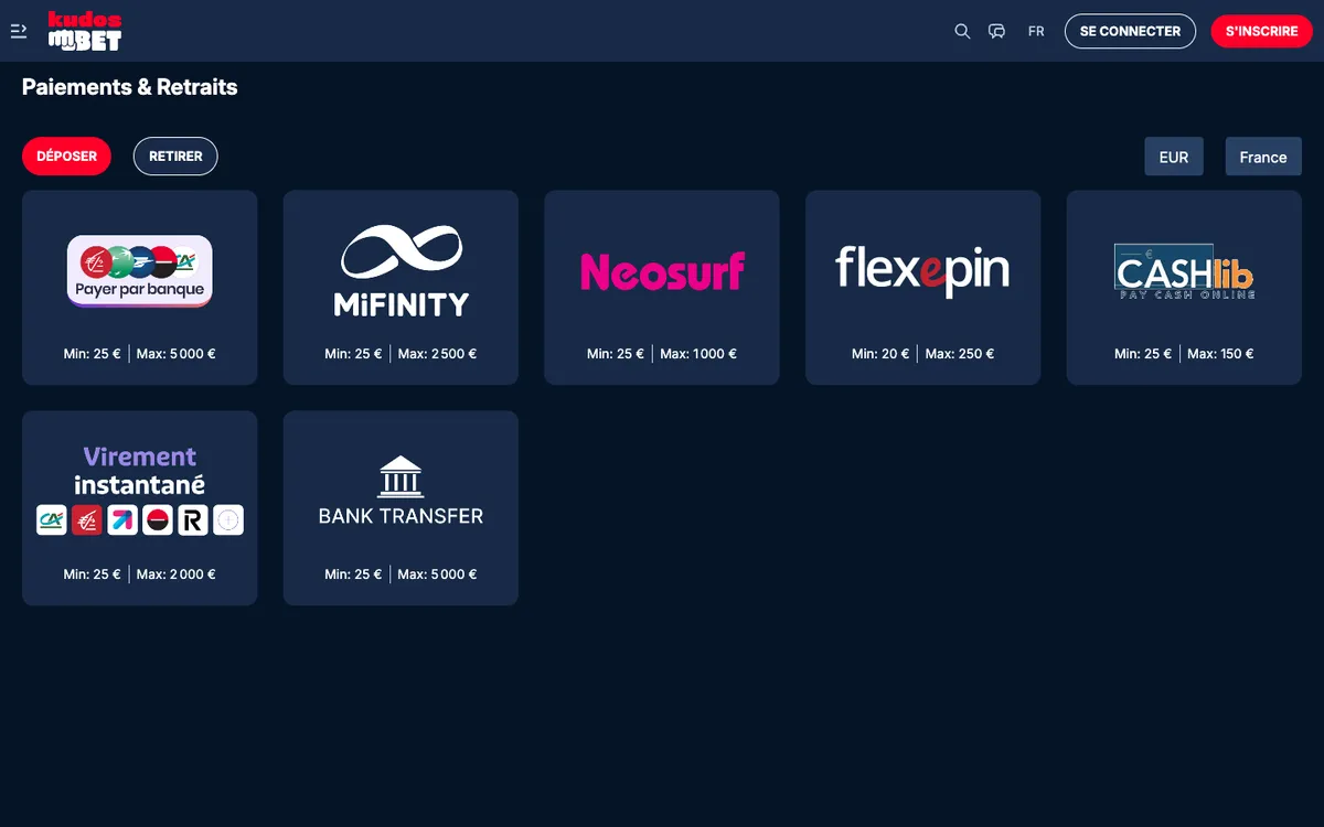 Kudosbet Casino — Payments, captured from France