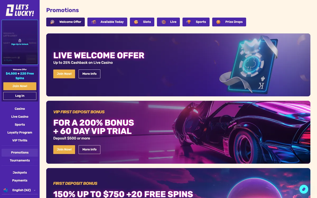 LetsLucky Casino — «Акции», снято из страны Новая Зеландия