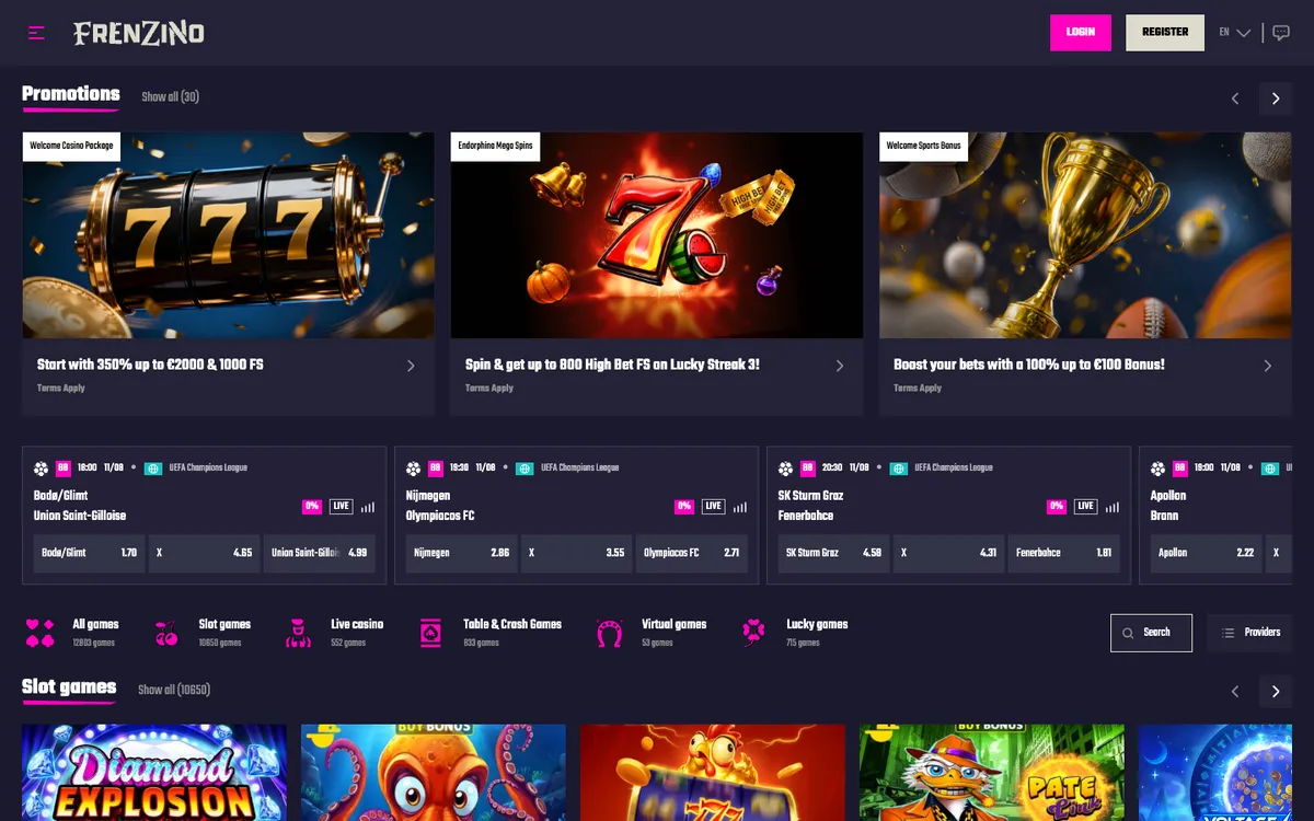 Frenzino Casino — Home page, captured from Portugal