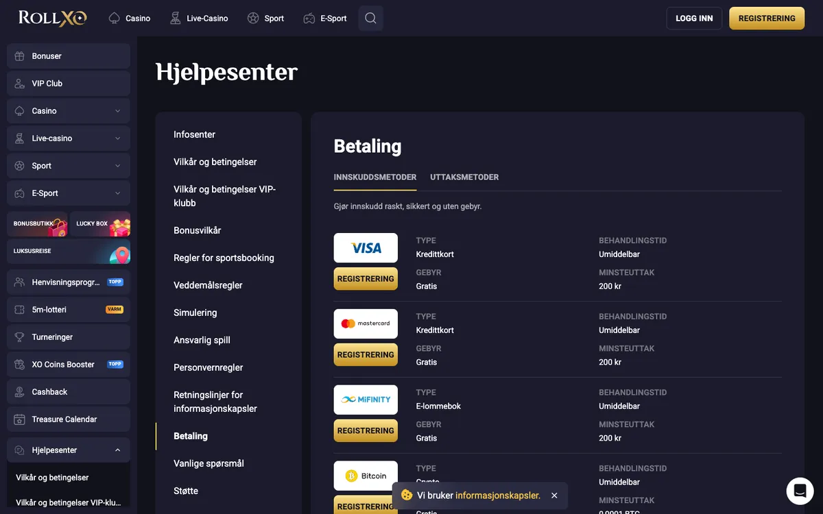 RollXO Casino — Payments, captured from Norway