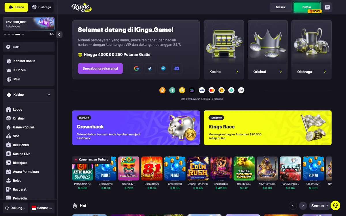 Kings Game Casino — Home page, captured from Indonesia