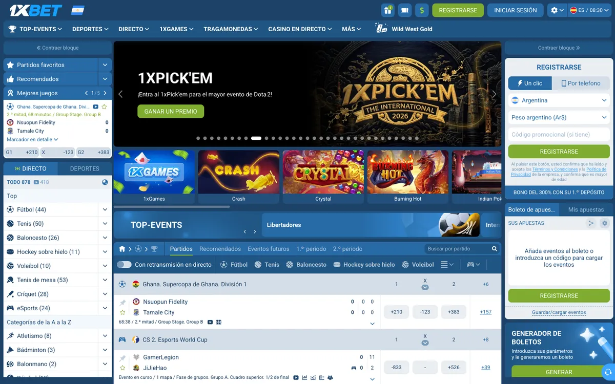 1xBet Casino — Home page, captured from Argentina