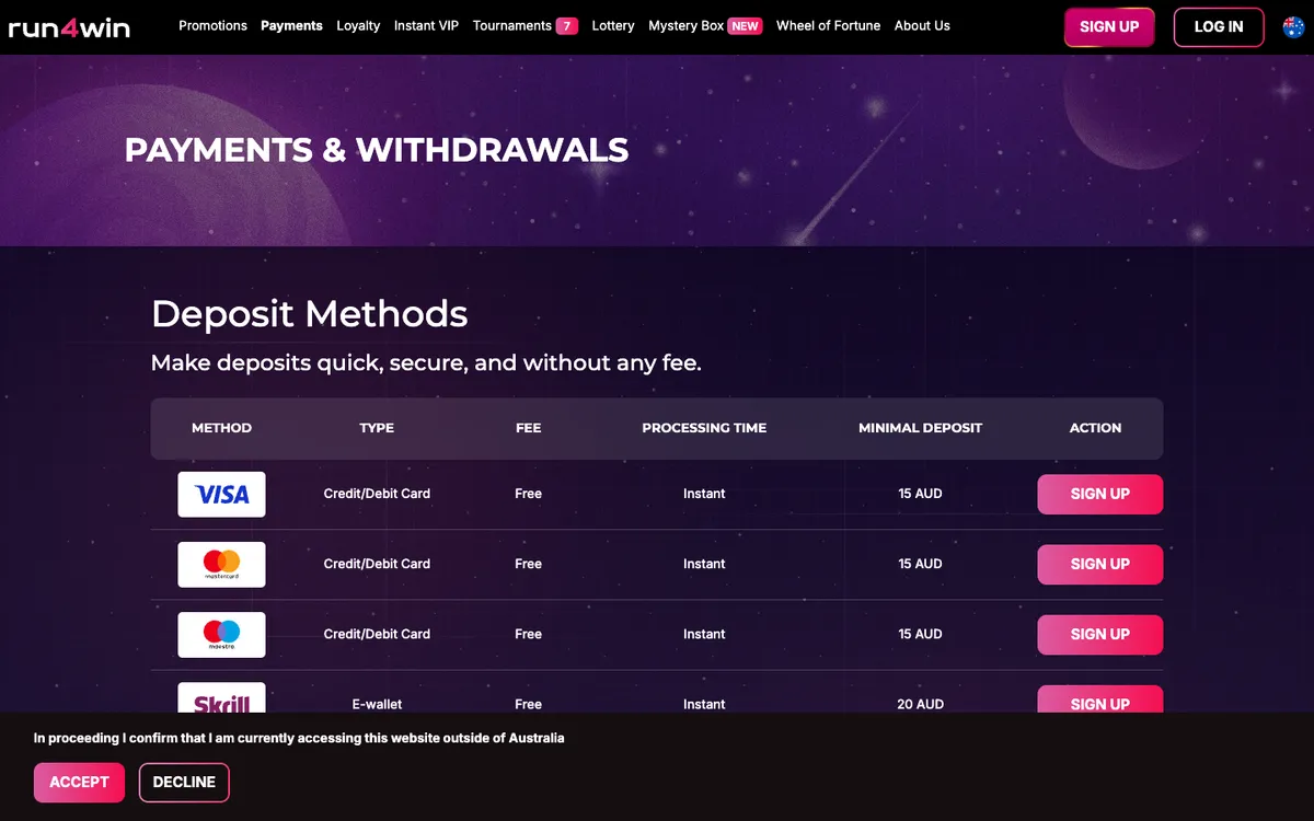 Run4Win Casino — «Платежи», снято из страны Австралия